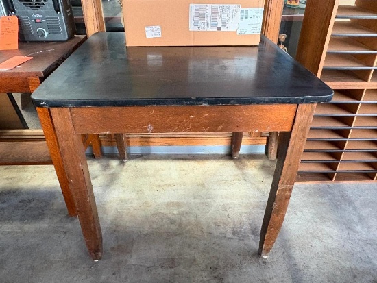 VINTAGE TABLE W/OAK BASE AND BLACK TOP 34" X 34" X 30 1/2"
