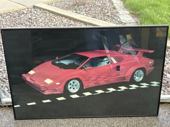 FRAMED POSTER, VINTAGE 1980'S RED LAMBORGHINI WITH BLACK BACKGROUND, 23"H X 36"W