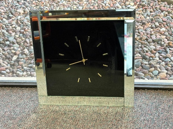 1980'S POST MODERN BLACK MIRRORED CLOCK 20" X 20"