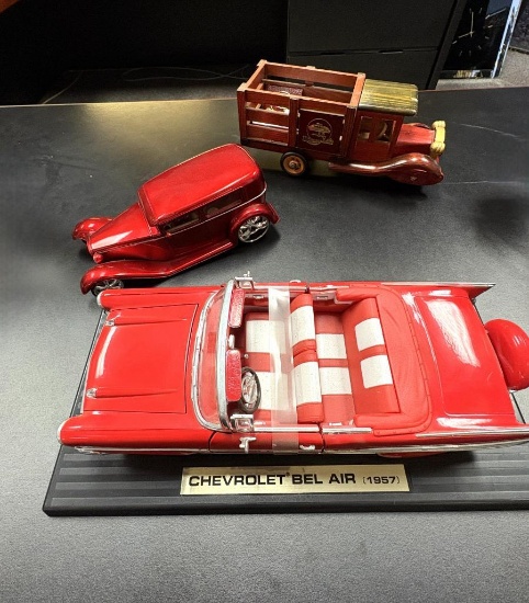 (1) VINTAGE STYLE WOODEN TRUCK (1) 1931 FORD MODEL DIECAST CAR (1) 1957 CHEVROLET MODEL