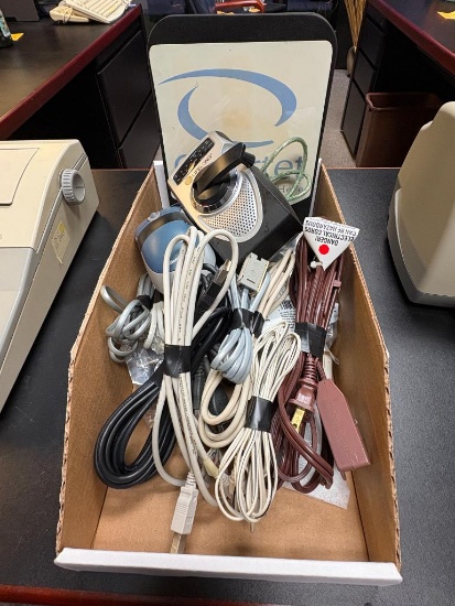 BOX OF MISC CONNECTION CABLES, EXTENSION CORDS, PORTABLE RADIO