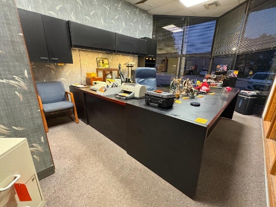 EXECUTIVE STYLE C-SHAPE DESK WITH UPPER BOOK STORAGE, 2 SIDE CABINETS, BLACK