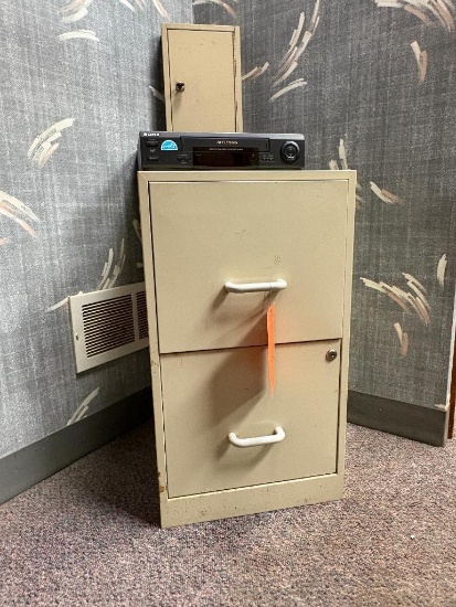 METAL FILE CABINET, 2 DRAWER, 18"D X 15"W X 26"H AND LOCK BOX WITH KEY