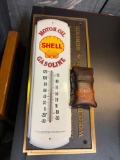 SHELL THERMOMETER (2) SIGNS, LEATHER HARLEY DAVIDSON CIGARETTE HOLDER