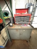METAL TWO DOOR STORAGE CABINET WITH CONTENTS; RED TOOLBOX, TIE DOWNS, ETC.