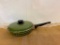 1970's VINTAGE AVOCADO GREEN ENAMEL FRYING PAN WITH FLORAL BLUE & YELLOW BAND
