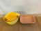 SET OF (3) VINTAGE MID CENTURY MELAMINE YELLOW MIXING BOWLS, BY COOKS - AND PLATTER
