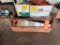 CARPENTER'S WORK BOX FILLED WITH SEVERAL QUALITY VINTAGE WOODEN HANDLE SAWS, ROOFING HATCHET ETC