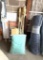 (4) TIKI LANTERN LIGHTS, KEROSENE, (1) METAL FOLDING CHAIR (1) VINTAGE WOODEN BEACH CHAIR,
