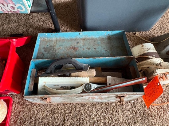 VINTAGE METAL TOOL BOX WITH TROWELS AND MORE