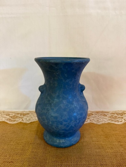 BRUSH MCCOY ART VELLUM DECO VASE, BLUE MOTTLED, NO 742, MOUTH APPROX 5" DIA X 8 1/8" TALL