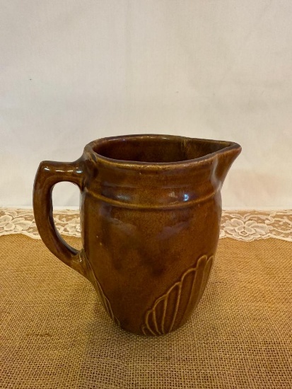 VINTAGE MONMOUTH STONEWARE PITCHER, BROWN, 6" TALL