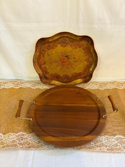 VINTAGE HAND PAINTED DECORATED TRAY MADE IN JAPAN AND MID-CENTURY TRAY 15 1/2" ROUND