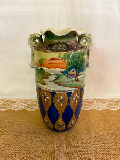 TALL VINTAGE MULTICOLORED HAND PAINTED FLUTED JAPANESE POTTERY VASE, 12" TALL