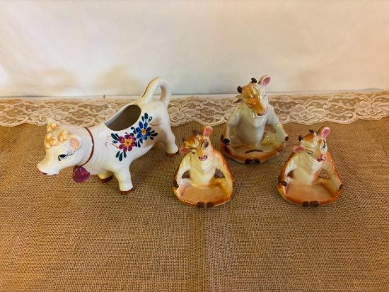 (3) MID-CENTURY CURE MAMA COW SALT/PEPPER HOLDER, MISSING CALVES, MADE IN JAPAN,