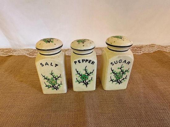 (3) VINTAGE MORIYAMA GREEN CHERRY BLOSSOM HAND PAINTED SUGAR, AND SALT & PEPPER SHAKERS
