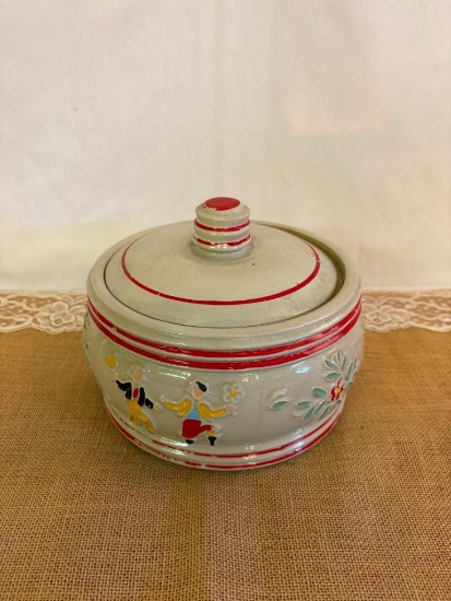 1940's RED WING POTTERY COOKIE JAR, WHITE W/DANCING PEASANTS/FLORAL PATTERN, WITH LID