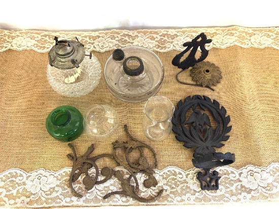ANTIQUE WALL RECEIPT HOLDER, WALL OIL LAMP HOLDER, FRENCH LAMP PARTS, MISC OIL LAMPS,
