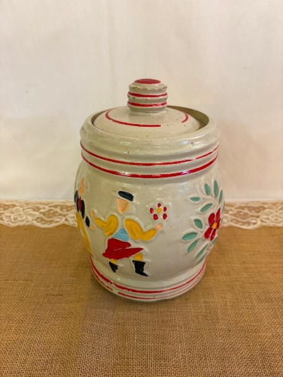 1940's RED WING POTTERY COOKIE JAR/POT, WHITE W/DANCING PEASANTS W/FLORAL PATTERN, WITH LID