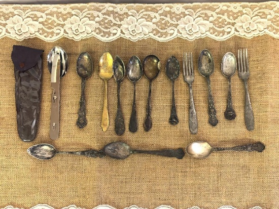 ANTIQUE SOUVENIER SPOONS AND PICTORIAL SPOONS AND FORKS