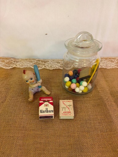 VINTAGE WILTON BATMAN CAKE TOPPER, VINTAGE PLASTIC MAGNETIC BALLS, VINTAGE MATCH BOXES,