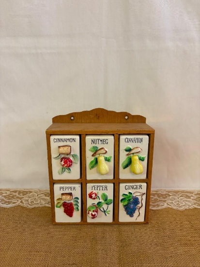 VINTAGE 3D FRUIT DESIGN CERAMIC SPICE BOTTLES W/STORAGE CABINET, APPROX 2.5"D X 7.5" X 9"H