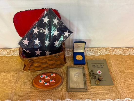 AMERICA! VINTAGE LOT W/BASKET, AMERICAN RED CROSS BOOK, FRAMED MILITARY PHOTS, MAGNETIC FLAG PINS,
