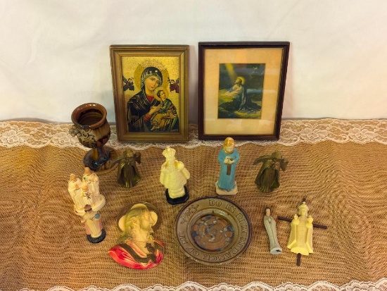 LOT OF RELIGIOUS PICTURES AND FIGURINES "IN REMEMBRANCE OF ME" CUP AND SAUCER