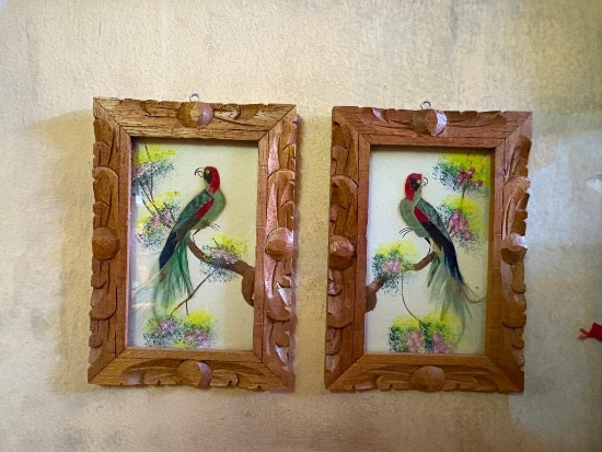 (2) ANTIQUE HAND PAINTED BIRD MIXED MEDIA ART WITH REAL FEATHERS, HAND CARVED WOOD FRAME