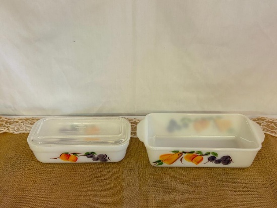 VINTAGE 1960's FIRE KING GAY MILK GLASS LOAF PAN 5 1/2" X 9" WITH HANDLES 11";