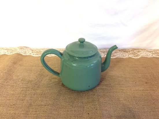 ANTIQUE GREEN ENAMEL TEAPOT, APPROX 6" TALL