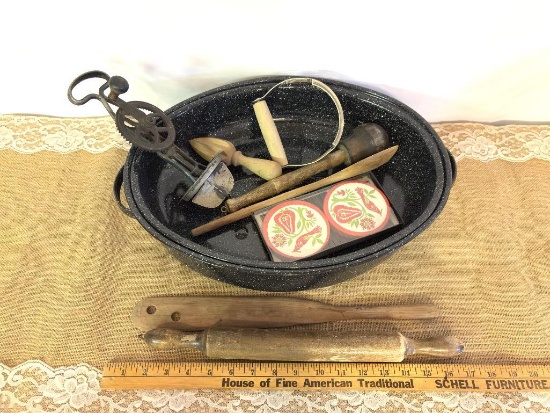 ENAMELED ROASTER FILLED WITH VINTAGE UTENSILS, ROLLING PIN, COASTERS, BEATER, ETC