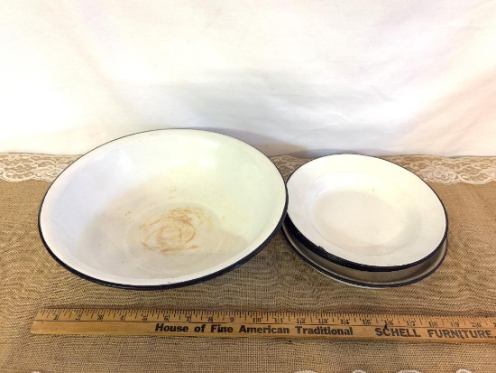 ANTIQUE ENAMEL LOT SMALL PIE PLATE 9.25" , (5) SOUP BOWLS 8.75" ACROSS, (1) MIXING BOWL 12"