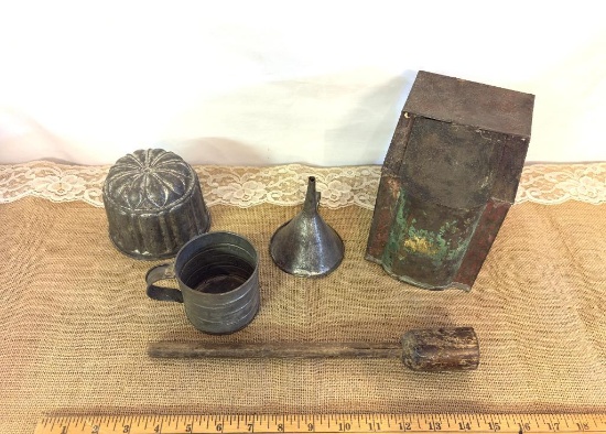 LOT TO INCLUDE: ANTIQUE METAL COFFEE OR SPICE BIN 5 1/2"D X 4 5/8"W X 6 1/2"H, SMALL METAL FUNNEL,