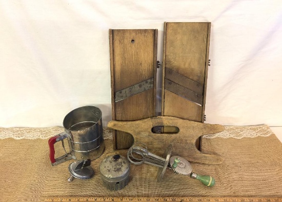 ANTIQUE FLOUR SIFTER, BEATERS, WOOD CORD WINDER, (2) CABBAGE CUTTING BOARDS