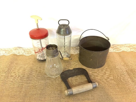 VINTAGE CREME WHIPPERS, NUT GRINDER, METAL BUCKET, CHOPPER