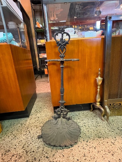1851 CAST IRON FIREPLACE TOOL SET HOLDER, SIGNED, CLAM SHELL BOTTOM, NOTE: BOTTOM WILL NEED