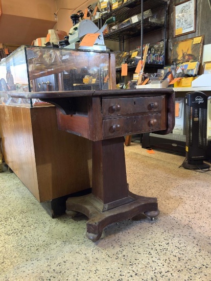 SMALL END TABLE W/2 DRAWERS, 29"T, 17" ACROSS, 18" D, BOTH SIDES HAVE "LEAVES", ONE SIDE BROKEN