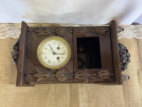 A.D. MOUGIN WALL CLOCK W/MISC PARTS -NEEDS WORK, HAND CARVED FINIAL AND BEVELED LEADED GLASS