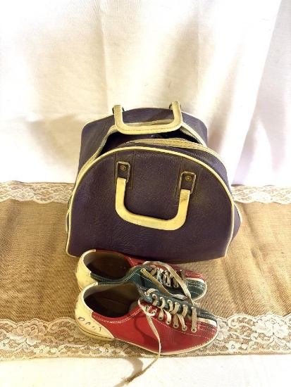 VINTAGE PURPLE TIFFANY 300 BOWLING BALL, SIZE 7 BOWLING SHOES AND BOWLING BALL CARRIER,