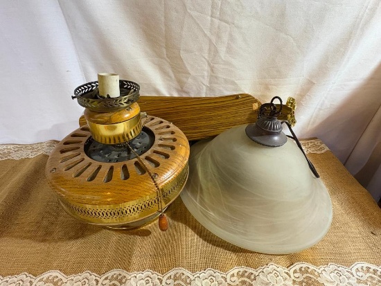 MODERN HANGING LIGHT FIXTURE APPROX 15" ACROSS, CEILING FAN BASE OF FAN IS APPROX 12"