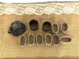 PEWTER BRAND NAPKIN RING HOLDERS (8), RODGERS SMITH MERIDEN CT FIGURAL NAPKIN RING NO. 168, AND