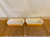 (2) VINTAGE FIRE KING PEACH LUSTER RECTANGULAR LOAF DISHES, 5 1/2
