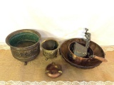 LARGE LOT OF COPPER AND BRASS CAKE AND JELLO MOLDS, LARGE ANTIQUE GRINDER WITH TABLE ATTACHMENT