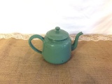 ANTIQUE GREEN ENAMEL TEAPOT, APPROX 6