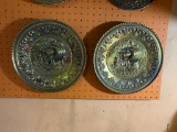 (2) VINTAGE BRASS DECORATIVE WALL PLATES FEATURING EMBOSSED SAIL SHIP, BOTH 12