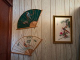 (2) JAPANESE FOLDING HAND PAINTED FANS, FEATURING BIRDS ON FABRIC W/BAMBOO MOUNT, AND VINTAGE