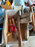 (2) ANTIQUE DRILLS, WOOD VICE, AXE