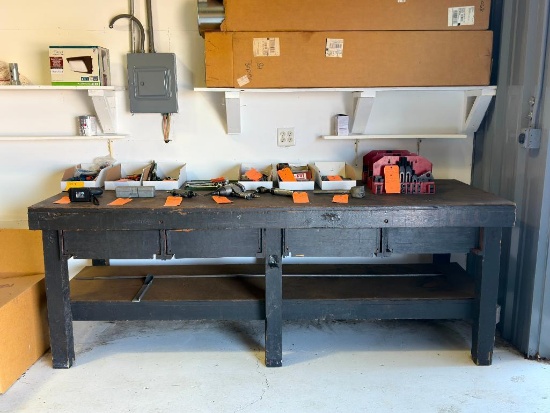 HEAVY DUTY WOODEN WORK BENCH WITH THREE DRAWERS AND LOWER STORAGE, 36"D X 8'W X 35-1/8"H