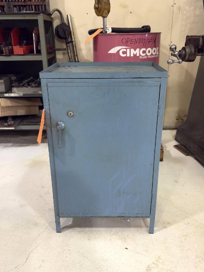 BLUE METAL CABINET WITH SINGLE DOOR, 15-1/4"D X 28-1/8"W X 34"H, WITH CONTENTS: